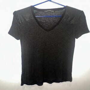 AllSaints Black V-Neck Tee with Leather Shoulder